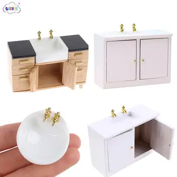 1:12 Къща за кукли миниатюрни дървени бели ръка мивка мивка кабинет баня кухненски мебели модел декор аксесоари играчки