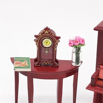 1:12 Къща за кукли Ретро троянски миниатюрни елементи Масичка за кафе Червен стар часовник за маса Полукръгла маса Кукла Аксесоари за къщи Мебели