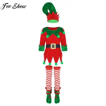 1-13Y момичета Коледа елф косплей костюм дълъг ръкав рокля с колан шапка чорапи Коледа Нова година тема парти маскарад облекло