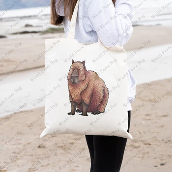 1 Pc Capybara модел голяма пазарска чанта подарък за сладък животински любовник лек платно рамо чанта за ежедневни жени за многократна употреба пазарска чанта
