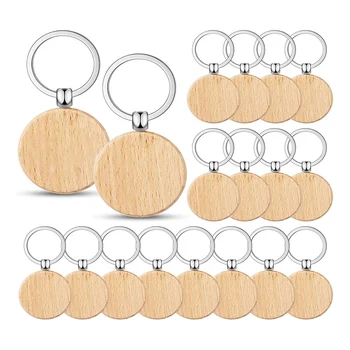 100Pieces Дървени ключодържатели Насипни кръгли дървени гравирани заготовки Недовършени дървени ключодържател Key Tag B