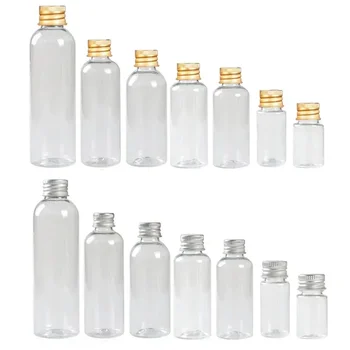 10Pcs 5ml-250ML мини пластмасова бутилка с алуминиеви винтови капачки Преносими флакони за проби Пътуване козметични контейнери за лосион кремове