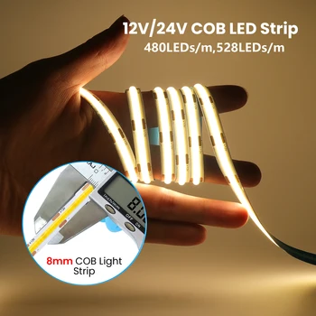 12V 24V COB LED лента 480 528LEDs/m Гъвкава COB LED лента с висока плътност 8mm Ширина Топла природа Студено бяла линейна димируема светлина