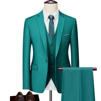 16 Цвят ( Яке + Жилетка + Панталони ) Луксозни костюми с един бутон Мъжки костюми 3 броя Официален бизнес офис Slim Fit младоженец сватба смокинг