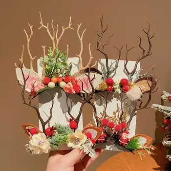 1Pair Коледа елен еленов рог щипка за коса творчески кърпа плюшена топка цвете фиба Весела Коледа декор за деца