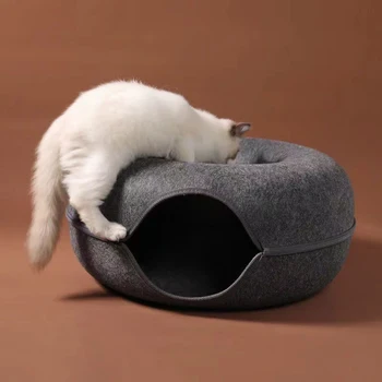 1pc вътрешни играчки филц поничка домашен любимец котка тунел интерактивна игра играчка котка легло коте обучение играчка порове заек легло тунели двойна употреба