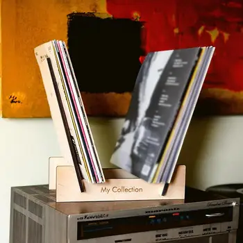 1бр Модерен държач за съхранение на винил Издръжлива дървена стойка Настолен дисплей Музикална колекция от записи Задържа за десктоп декор