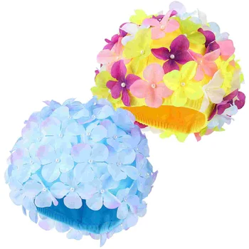 2 бр. Дамски плувни шапки Флорални плувни шапки Еластични плувни шапки с цветя Венчелистчета шапки за къпане