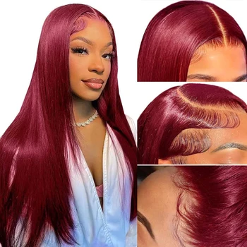 200% 99j Бургундска дантела отпред перука за човешка коса 13x4 бразилски червен без лепило права дантела отпред цветни перуки за човешка коса за жени