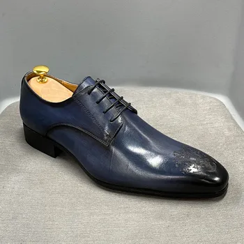 2022 Бизнес обувки мъже Оксфорд естествена крава кожа заострени пръсти мода открит дантела нагоре високо качество издълбани офис сватбени обувки