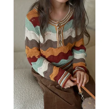 2023 Есен Нов модерен корейски колоритен раиран връх тънък случаен прост сладък пуловер момичета ретро дъга пуловер