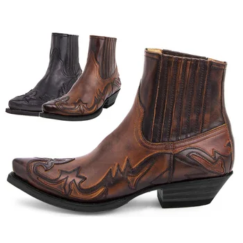 2023 Западни ботуши за мъже жени размер 35-48 бродерия дизайн заострени обувки мъжки глезена ботуши унисекс кожени ботуши