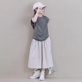 2023 Летни момичета широк крак панталони за тийнейджър японски стил случайни памук ластик Culotte панталони и чай Продава се отделно