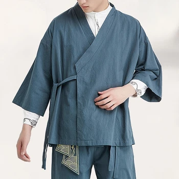2023 Лятно китайско спално бельо Ханфу Мъжки костюм Хлабав голям размер памучен лен ретро стил Tang костюм роба мъжки