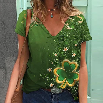 2023 Лято Нов дамски 3D печат Зелен късметлийска трева V-образно деколте Дамска мода Смешни тениска с къс ръкав Street Harajuku Casual T