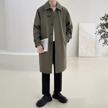 2023 Мъжки якета от висок клас Средна дължина Свободни корейски палта Модна тенденция Плътен цвят Ветровка Casual Long Trench M-2XL