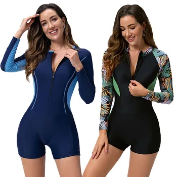 2023 Нов дамски дълъг ръкав слънцезащитен крем фронт цип бързо сухо гмуркане костюм плаж UPF50 + водни спортове сърф бански костюми