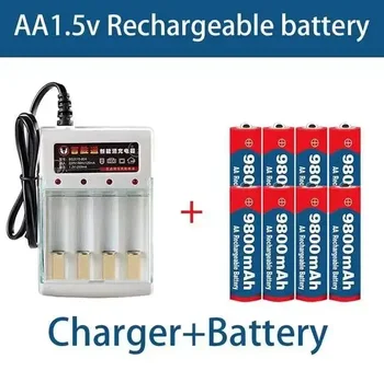 2023 Нов етикет AA батерия 9800 mah акумулаторна батерия AA 1.5 V. Акумулаторна New Alcalinas drummey + 1бр 4-клетъчно зарядно устройство за батерии
