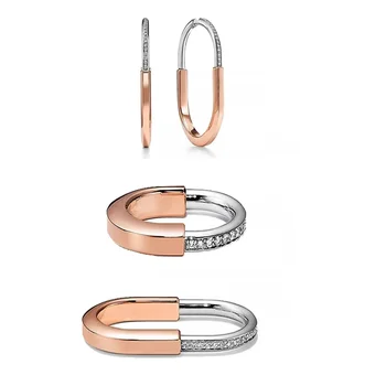 2023 Нови бижута Двуцветен пълен диамантен пръстен Lock серия обеци Модни и изискани празнични подаръци