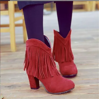 2023 Нови зимни жени високи токчета обувки високо качество велур топли къси ботуши мода пискюл дизайнер жена глезена ботуши размер 34-43