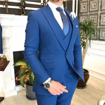 2023 Палто Pant Design Royal Blue мъже костюм тънък годни младоженец смокинги сватбени костюми абитуриентски блейзър костюм Homme (яке + панталони + жилетка)