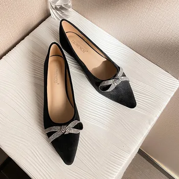 2023 Пролет нова мода кристал Bow-възел жени плосък ток обувки заострени пръсти плитко приплъзване на мулета рокля черни обувки женски