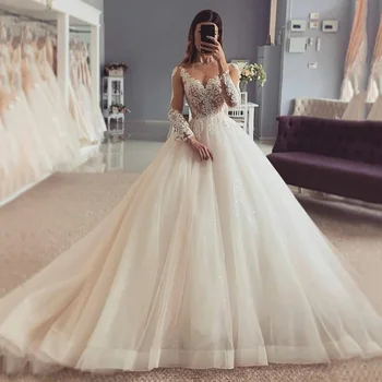 2024 Вестидос очарователни V-образно деколте сватбени рокли A-Line топка рокля за булчински изящни 3D цвете дантела апликации роба De Mariee