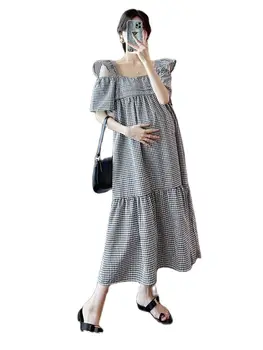 2024 Лято майчинство карирана рокля разрошени ръкав квадратна яка карирани рокли бременни жени дълго хлабав реколта бременност рокля
