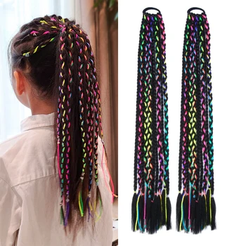 24inch момичета цветна кутия плетена конска опашка с еластична гумена лента коса разширения дъга цвят детска кутия перука плитка прическа