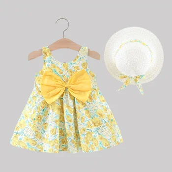 2Pcs/SetSummer бебе момиче лък лале каишка рокля сладък и сладък красив плаж рокля памучна принцеса рокля детска рокля + шапка