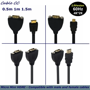 4K Micro Mini HDMI - Съвместим с 2.0 мъжки женски M / F F / F HD удължителен кабел с отвори за винтове за фиксиране на панелни кабели