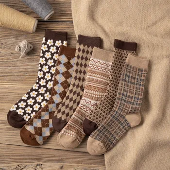 5 двойки жени есен зима чист памук средата тръба чорапи гъвкави удебелени топли удобни сладки цветя популярни чорапи EU 35-40