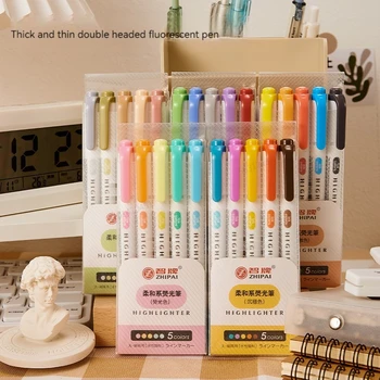 5 цвята/кутия Двуглав хайлайтър Комплект писалки Флуоресцентни маркери за рисуване Маркери за маркиране Писалки Изкуство Японки Сладурана Пастелни канцеларски материали