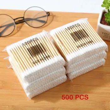 500Pcs двойна глава памучен тампон за еднократна употреба жени грим Lipstik памучни пъпки дървени пръчки момиче нос уши почистване инструменти за здравеопазване