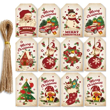 50PCS Коледни хартиени етикети Картонена кутия Дядо Коледа / снежен човек отпечатани крафтове етикети за 2023 Navidad дърво висящи DIY подаръци опаковане