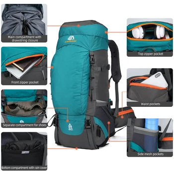 65L водоустойчива външна чанта Туристическа раница с дъждобран Открит спорт Пътуване Daypack за къмпинг Touring Катерене