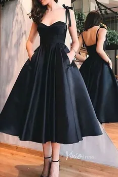 A-Line черна абитуриентска рокля с джобна официална вечерна рокля Спагети каишка чай дължина Abendkleider Robes de Soirée за жени 2023