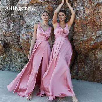 Allingentle елегантни розови вечерни рокли V-образно деколте без ръкави мека сатенена шаферка рокля A-Line парти абитуриентски рокли страна цепка по поръчка