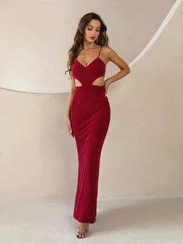 Angel-fashions Жените секси абитуриентски бал рокля спагети каишка изрязани без гръб дантела нагоре блясък дълго русалка официална вечерна рокля червен 783