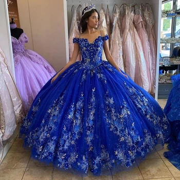 ANGELSBRIDEP Glitter Royal Blue Ball рокля Quinceanera Рокли Апликации Принцеса Brithday танцово парти Vestido De 15 Años
