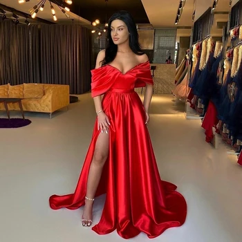 Angelsbridep високо сплит елегантен от рамото секси сатен абитуриентски рокли по поръчка официална парти рокля A-линия червени вечерни рокли