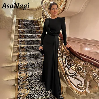 AsaNagi черна абитуриентска рокля с дълъг ръкав Жените O врата русалка парти вечерна рокля етаж дължина Саудитска Арабия Рокли за специални случаи