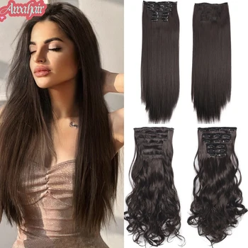 Awahair Long Straight Natural Black 16 Clip In Hair Extension 6 бр/Комплект 16 клипа Синтетична коса за жени 24 инча