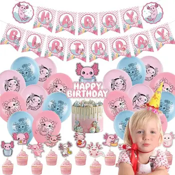Axolotl Консумативи за рожден ден за парти Teen Kids Supply включват ярки банери Балони Топери за торти Тематични парти консумативи