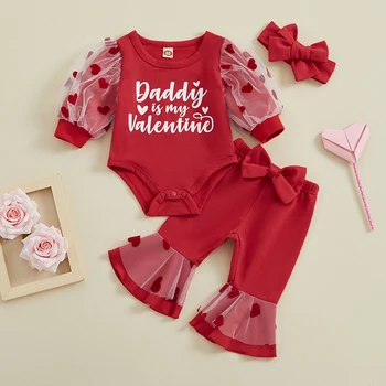 Baby Girl Valentines Day Outfit Long Sleeve Daddy is My Valentine Sweatshirt Romper Flared Pant Лента за глава 3Pcs