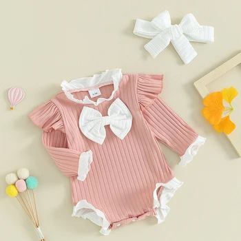 Baby Girls 2 Piece Outfits Ruffles Bows Long Sleeve Romper и Cute Headband Set for Toddler Infant