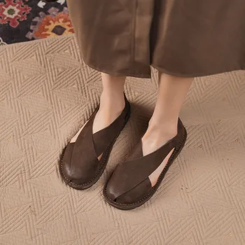 Birkuir Ретро меки затворени сандали за жени Луксозни сандали Летни приплъзване на летни плажни сандали Естествена кожа Дамски сандал