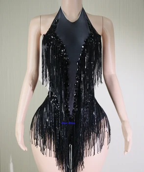 Black Sparkly Rhinestone Pearls Гащеризони Парти Рожден ден Вечер Разкошен костюм Клуб Дискотека Rave Outfit