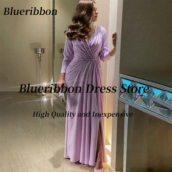 Blueribbon халати De Soirée V врата дълги ръкави вечерни рокли мъниста Ruched страничен цепка абитуриентски парти рокли цип обратно официална рокля
