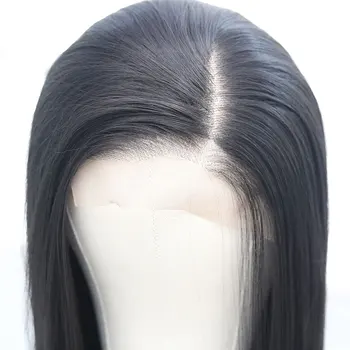 Bombshell черен прав синтетичен 13X4 дантела фронт перука лепило високо качество топлоустойчиви влакна коса странична част за черни жени